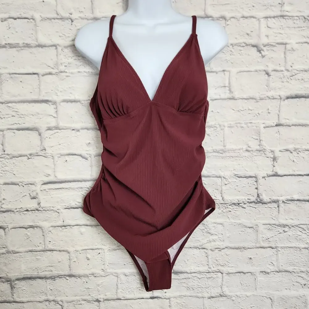 🌼NWT Cupshe Swimsuit Large One Piece Removable Cups Adj Straps Ribbed Burgandy - Picture 1 of 16
